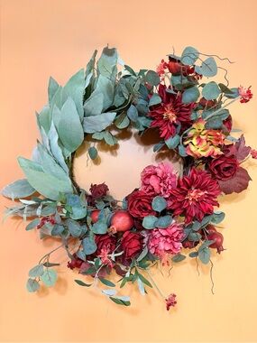 Grandin Road Burgundy & Green Fall Floral Wreath with Eucalyptus Accents
